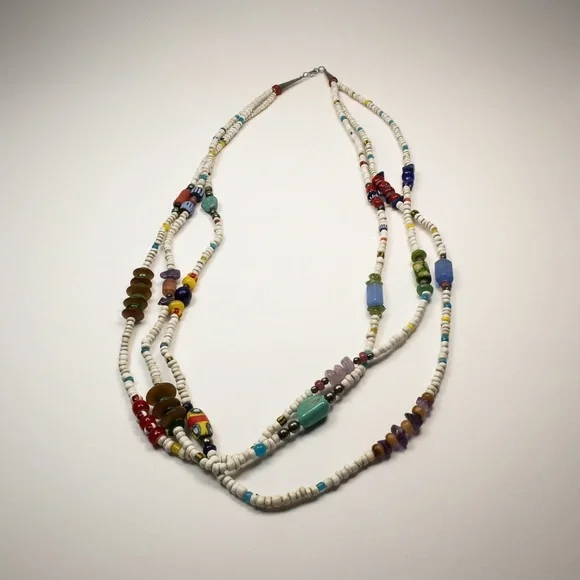 Vintage Ethnic Necklace Multi Strand Glass Gemstone Millefiori Trade Beads Boho